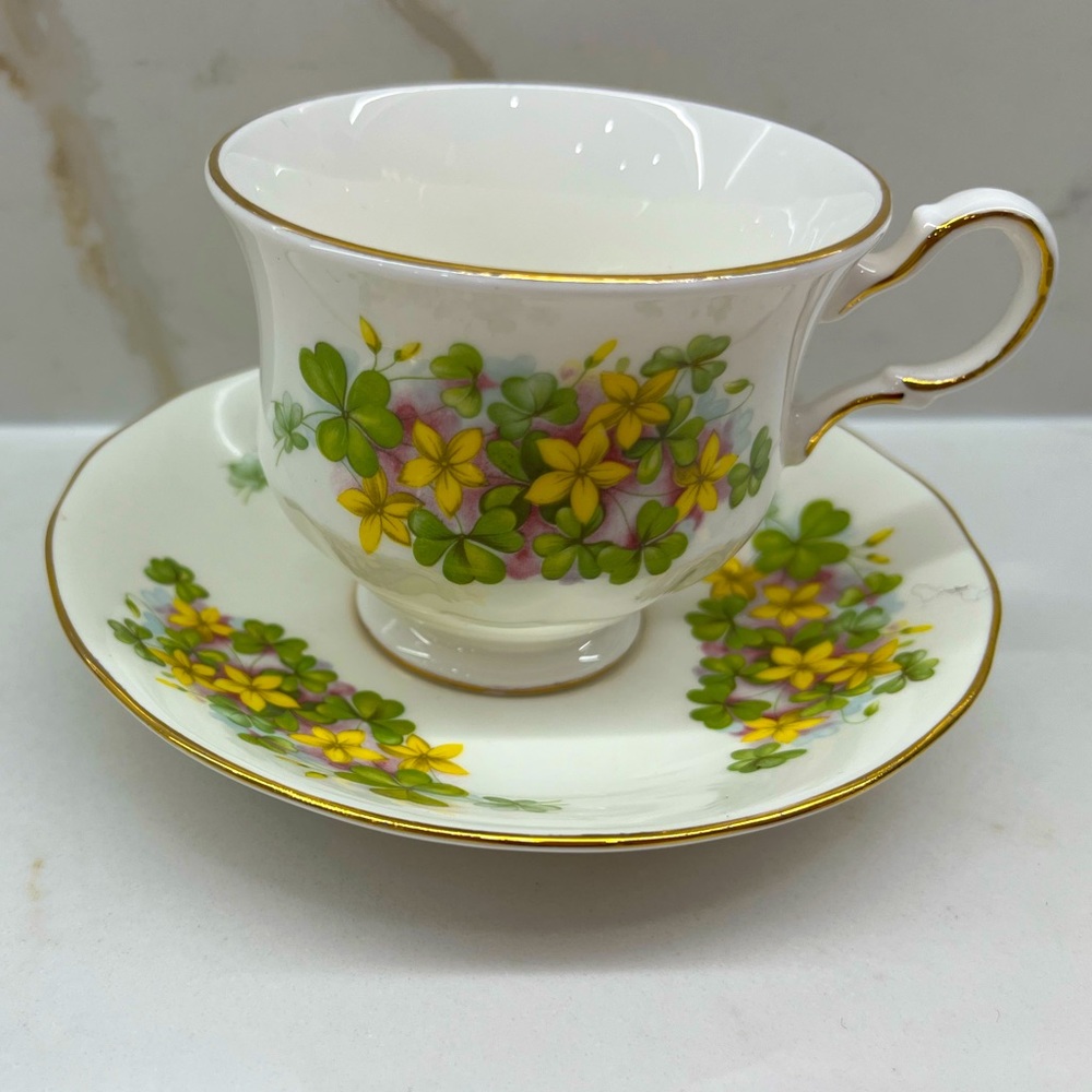 Vintage Queen Anne Yellow Flowers and Clovers Teacup and Saucer St Patrick’s Day